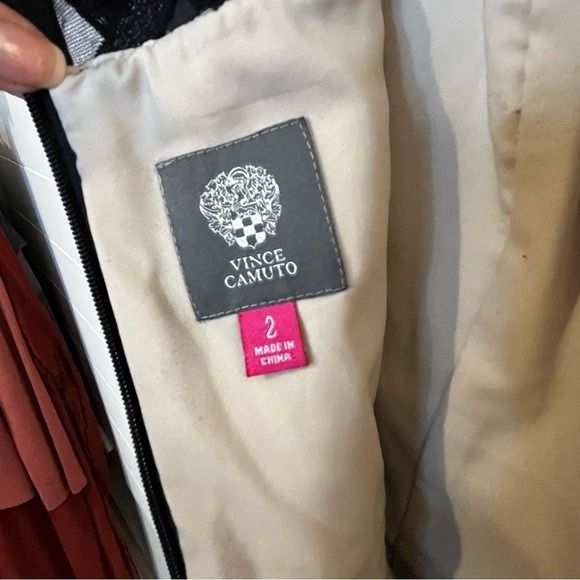 Vince Camuto Black Patterned Midi Dress Leather Stripes Lined Size 2 Whimsigoth - Picture 14 of 16